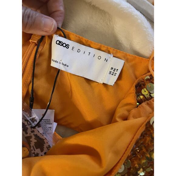 ASOS Edition Knot Front Sequin Disco Midi Dress Cut Outs in Orange Size 14 NWT - Picture 5 of 5